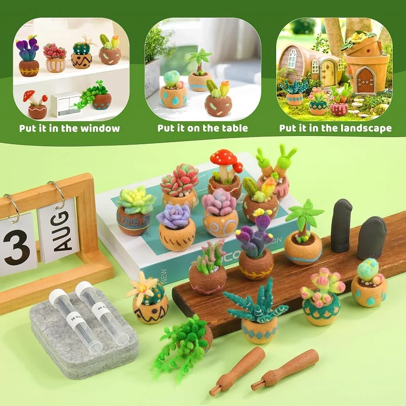 KRABALL Succulent Needle Felting Set With Wool Roving Felting Pad And Instruction For Beginner DIY Handmade Craft Tools Kit