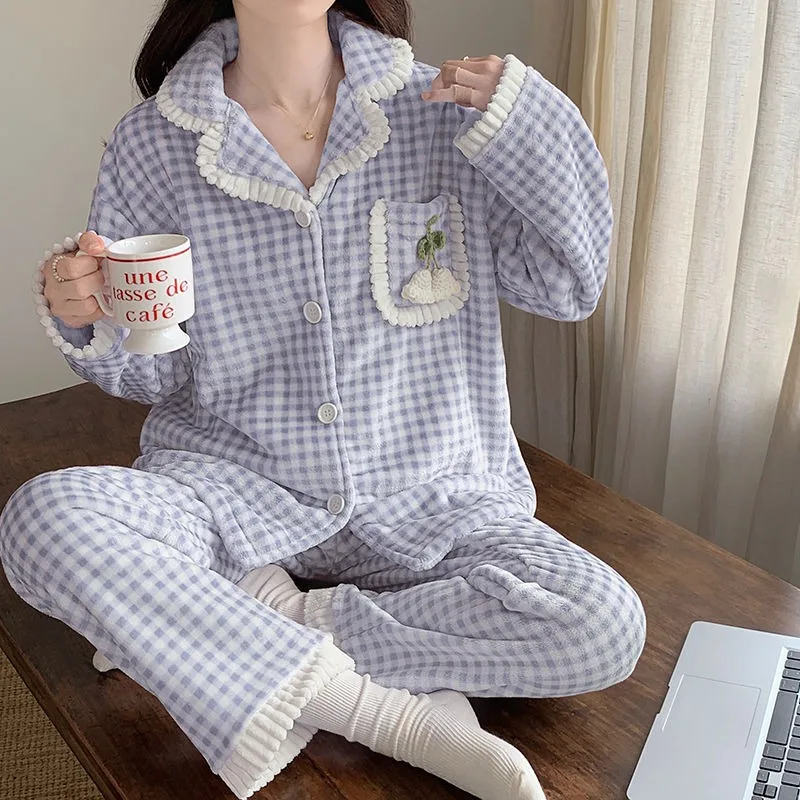 2024 New Pajama Women Autumn Winter Sleepwear Plus Velvet Thicken Sweet Cardigan Plaid Student Loungewear Warm Flannel Homewear