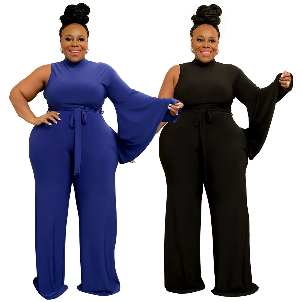 

Charming Bell Sleeves Party Jummpsuit for Women Rompers 2022 Autumn High Neck Solid Straight Stretchy Casual Bodysuit
