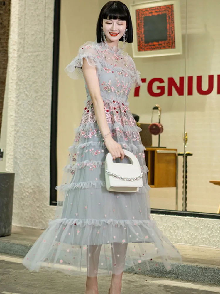 High-Quality Luxury Design Runway O-Neck Ruffle Short Sleeve