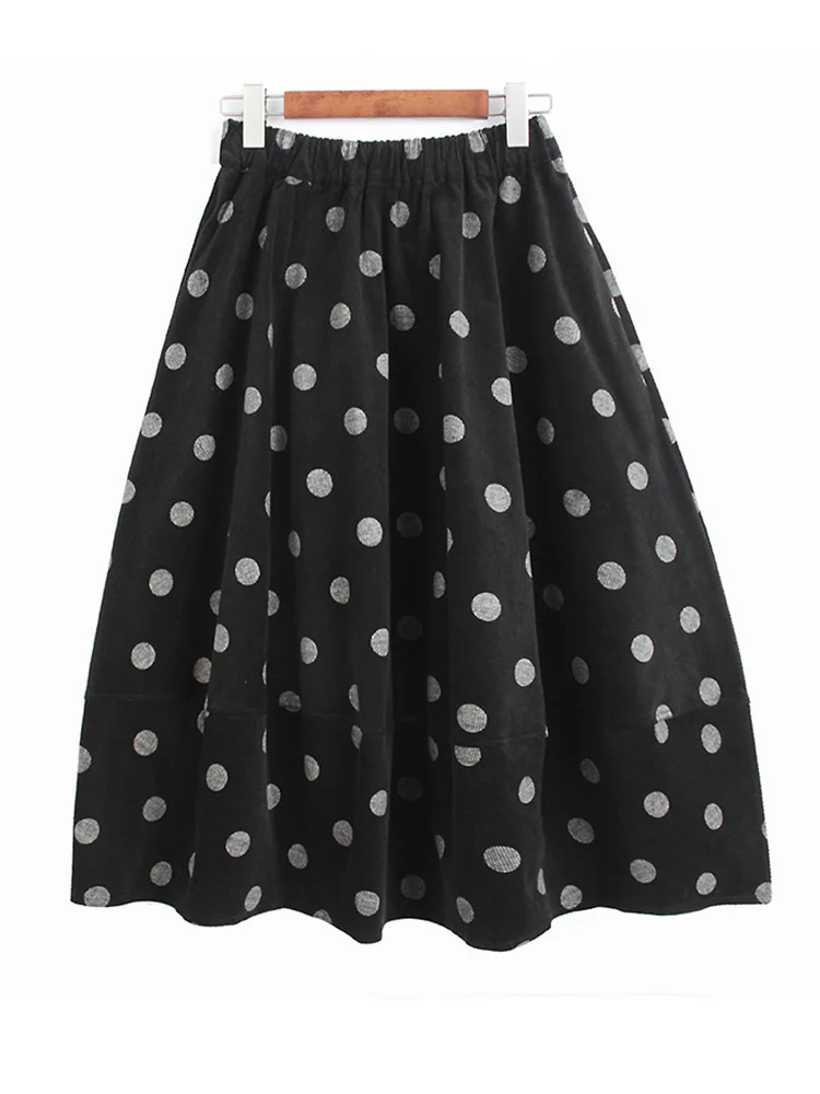 

High Elastic Waist Black Vintage Dot Corduroy Long Half-body Skirt Women Fashion Tide New Spring Autumn O143