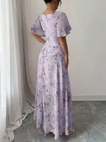 Women's Sweet French Style Mini Dress with Purple Butterfly Print, Batwing Sleeves & Back Zipper - Image 2
