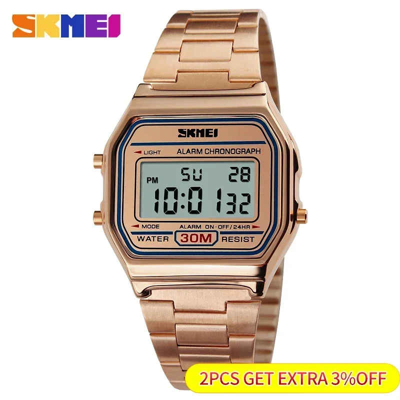 Skmei-Reloj Digital con correa de acero inoxidable para Hombre, cronógrafo con pantalla LED, 3Bar, resistente al agua, informal, deportivo, 1123