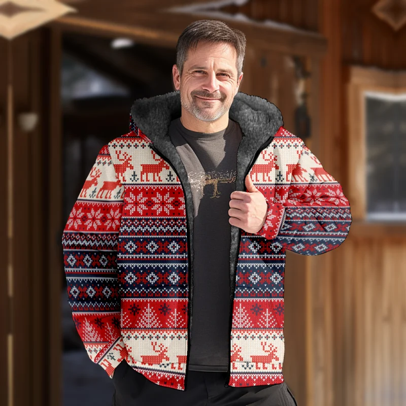 Christmas Creative Cotton Coat Hooded Sweater Casual Print Men's Fur Loop Arctic Velvet Zipper Patch Pocket Hooded Sweater a09