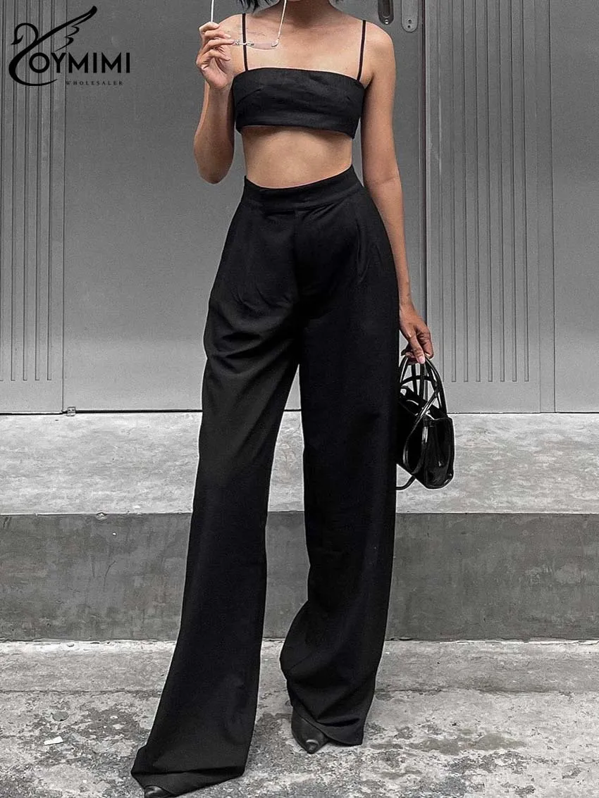 Oymimi Casual Black Women Two Piece Set Fashion Spaghetti Strap Crop Tank Top And High Waist Simple Full Length Pants Female Set