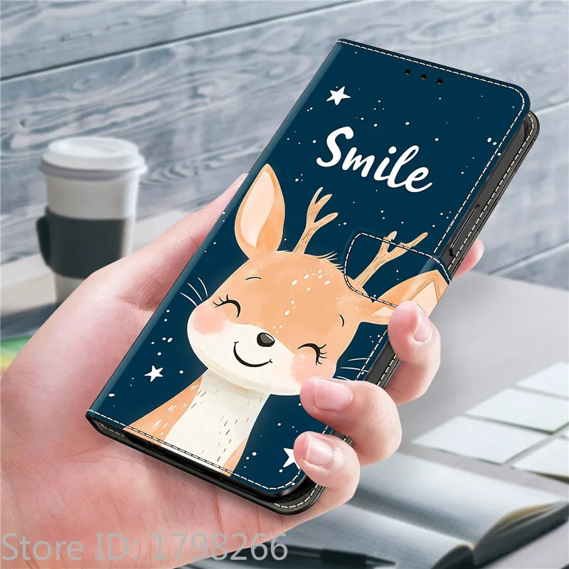 Leather Etui Phone Case - Magnetic Wallet Flip Cover with Painted Flower and Deer Design
