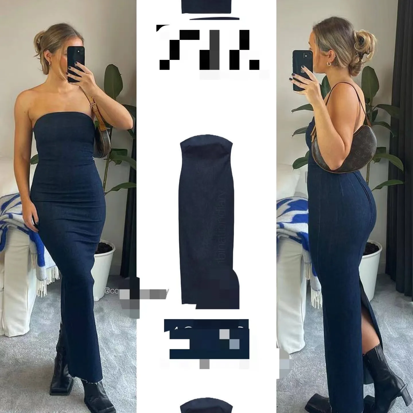 

Women's Denim Long Dress, Strapless, Backless, Zipper, Side Seams, Off Shoulder, Summer Fashion Set