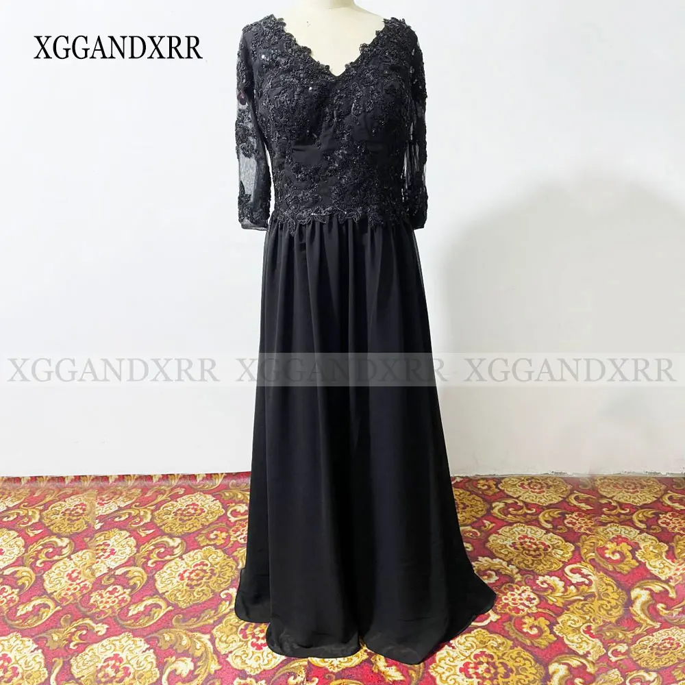 Elegant V Neck Mother of Bride Dress Navy Blue Chiffon Evening Dress Women for Wedding Party Half Sleeves Beading Lace Applique