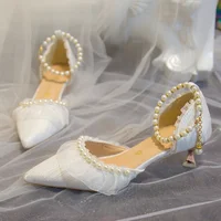 Luxury Silk White Wedding Shoes for Women 2023 Summer Pearl Ankle Straps High Heels Pumps Woman Pointed Toe Heeled Dress Shoes 6