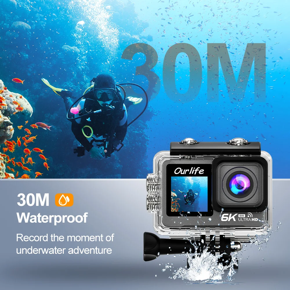 6K Action Camera 4K60FPS Dual Screen 30M Waterproof 170° 5X Zoom 6-Axis GYRO Video Sport Camera WiFi Action Camera for Vlog 3