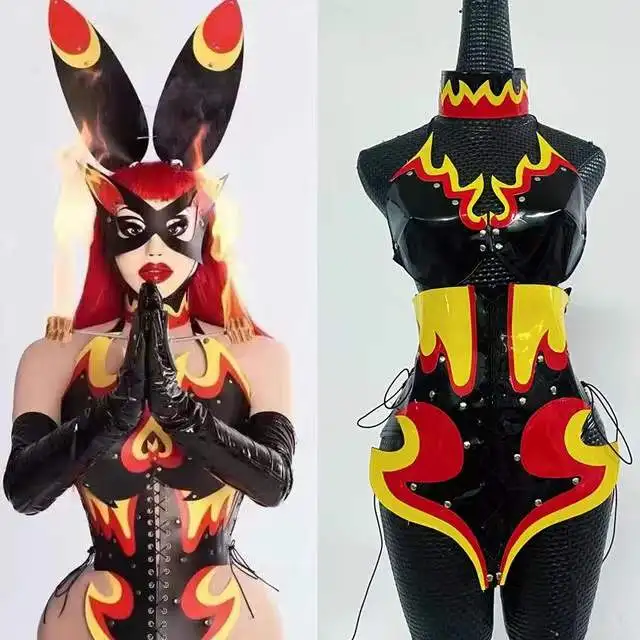 

Sculpting Flame Leather Bodysuit Sexy Gogo Costumes Women Festival Rave Outfits Nightclub Bar Dj Ds Pole Dance Clothing