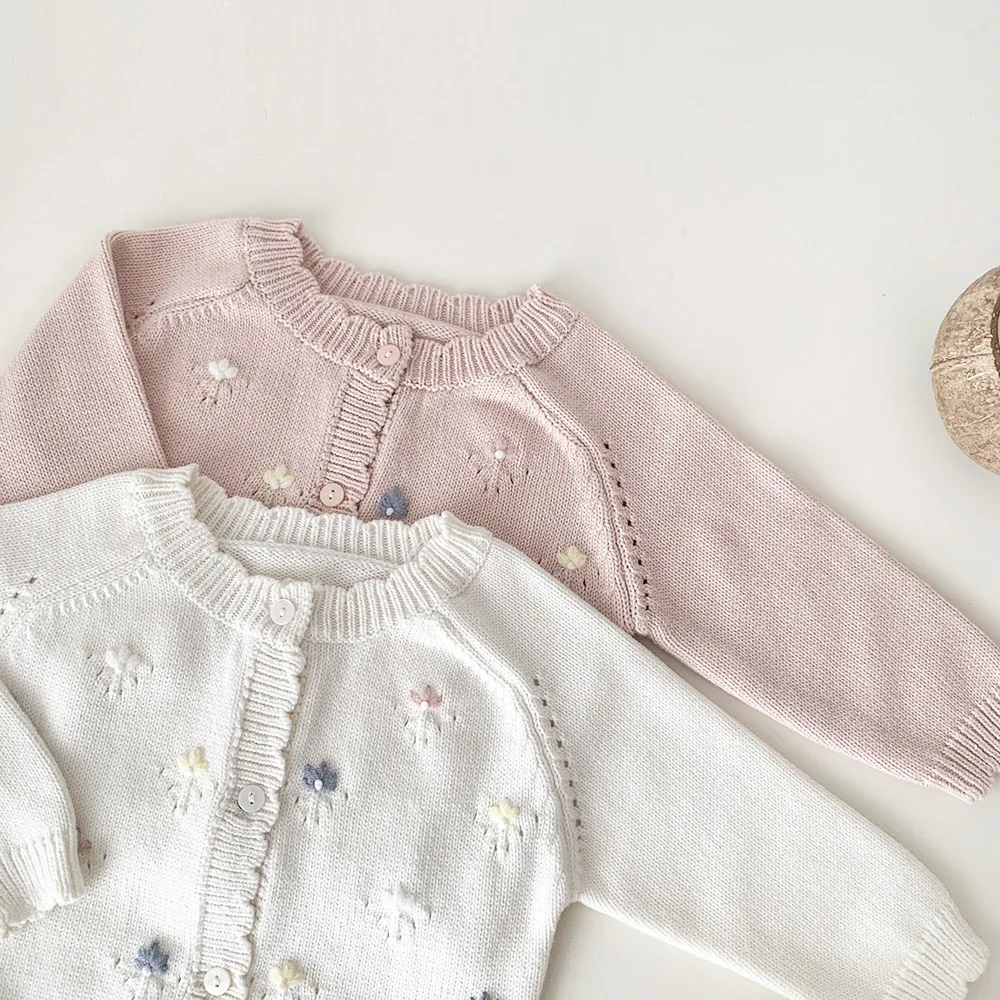 Girls Autumn Sweaters Handmade Flower Embroidery Knit Cardigans