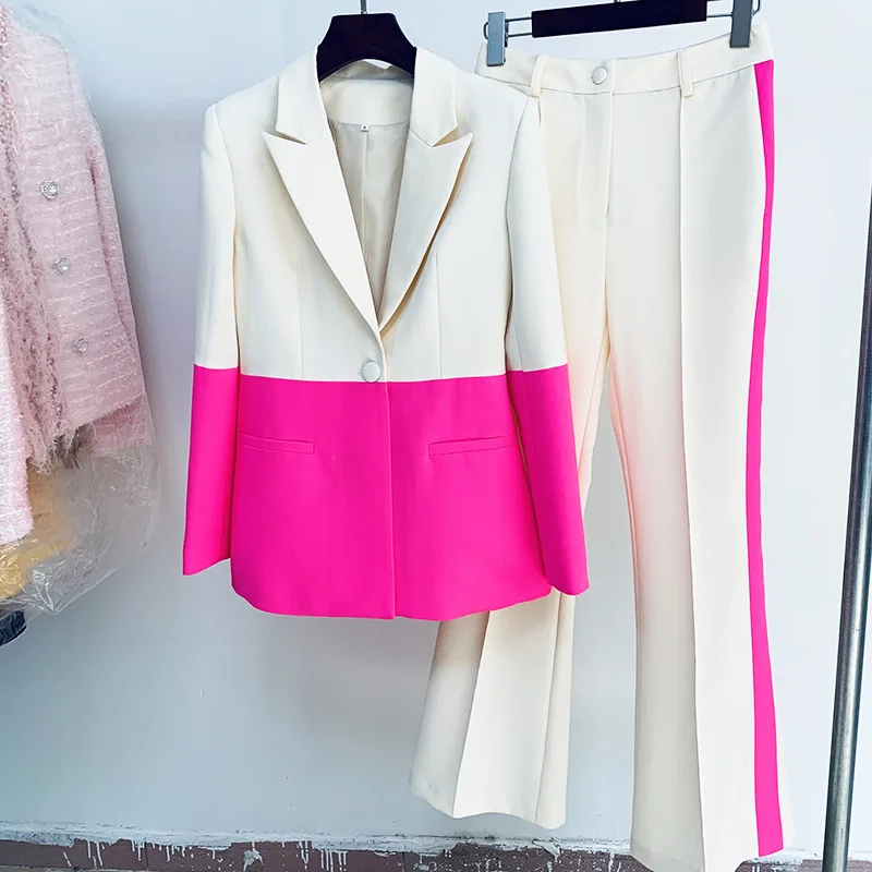 

Single Button Patchwork Color Blazer Flare Pants Suit Women Star Fashion Office Occupation Set High Street Autumn 2 Piece Outfit