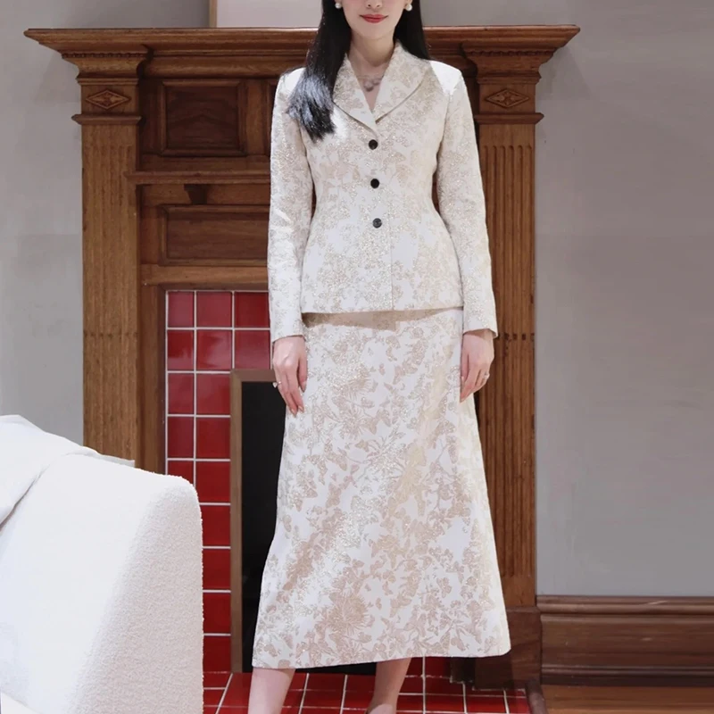 

Runway New Mulberry Silk Printed Suits High Quality Classic Waist-up Lapel Blazer Coat Elegant A-line Skirts Y2K Women Clothes