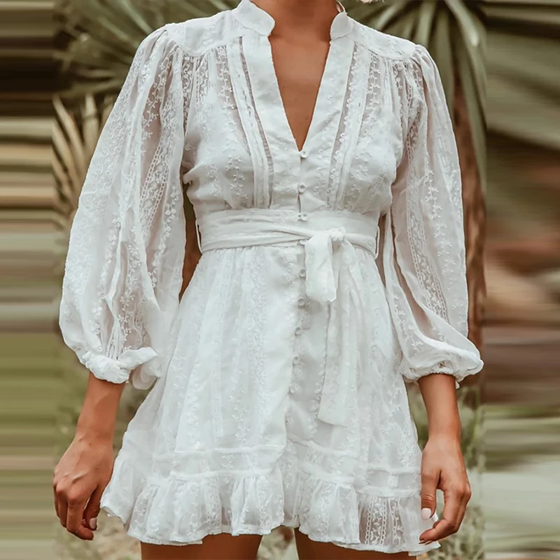 

White Jacquard Embroidery Lace Party Dress Women Spring V-neck Button Ruffle A-Line Dress Autumn Long Sleeve Tie-up Mini Dresses