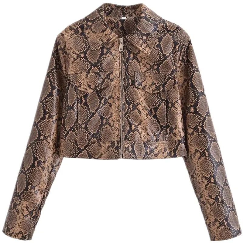 2024 Autumn New Women's Faion Snake Patterned Leather Jaet Versatile Outerwear Commute Sle Straight Cut Regular Thin
