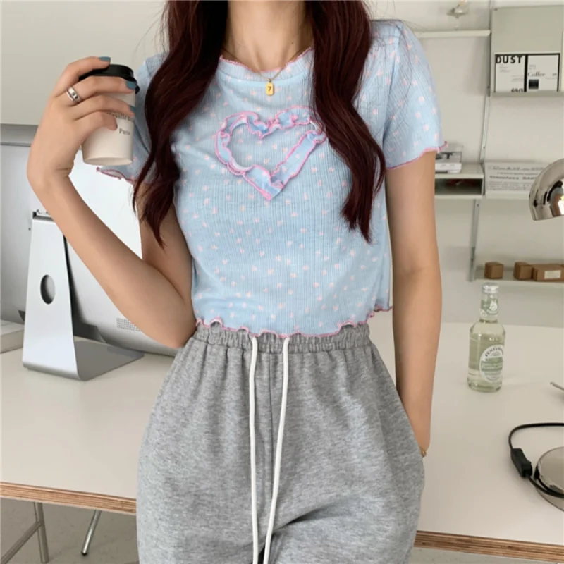 

Women Korean Chic Polka Dot Printed Slim Fit T-shirts Girlish Style Cute Heart-shape Short Sleeve Crop Tops Female Casual Tees