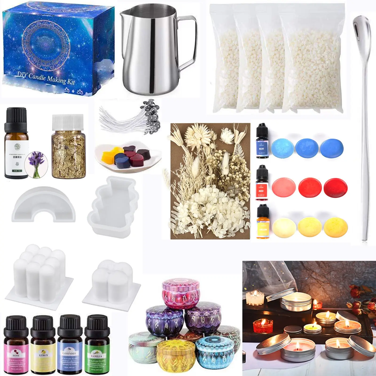 DIY Candle Mold Sets Making Supplies Handmade Aromatherapy Kit Pigment Soy Wax Core Tool |