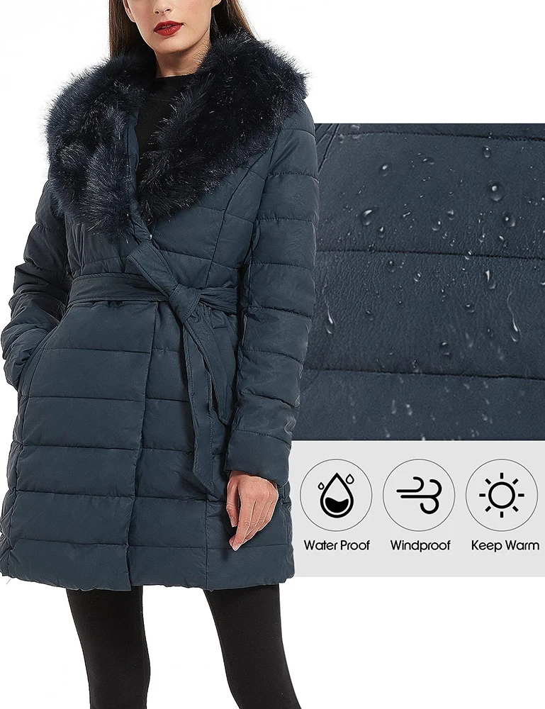 Giolshon Long Faux Leather Puffer Jacket Women Bubble Padding Coat Detachable Faux Fur Collar Down Coat Waterproof Outerwear