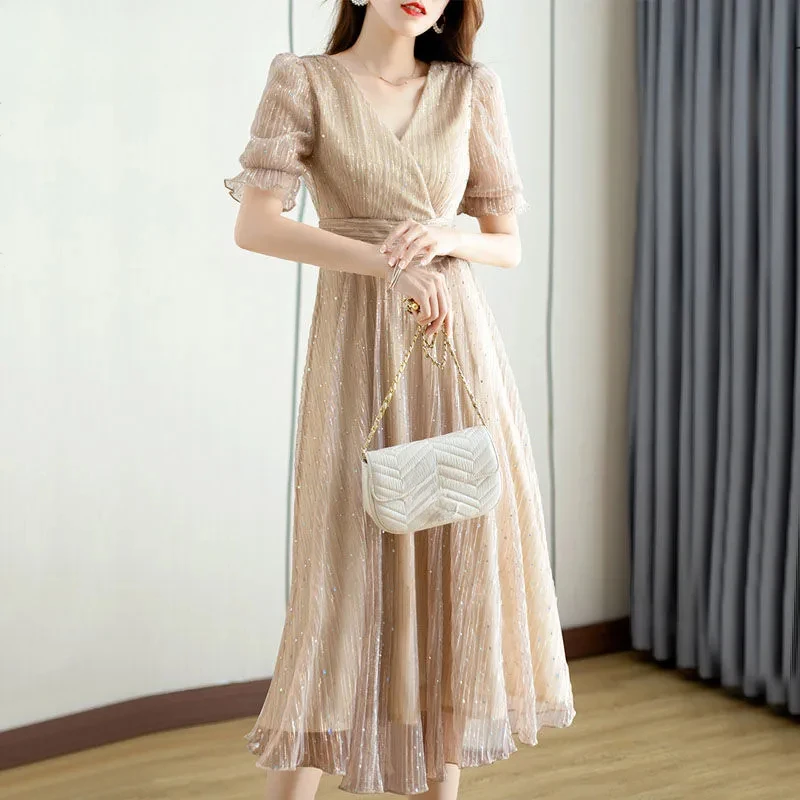 

Summer New V-Neck Elegant Fashion Diamons Waist A-line Dress Ladies Short Sleeve Temperament Evening Party Vestidos Women's Robe