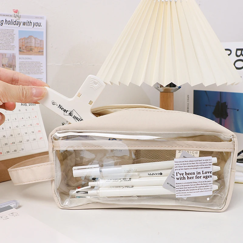 

3 Layer Pocket Transparent Pencil Bag Pen Case Korean Hitting Color Canvas Storage Pouch for Stationery School Supplier