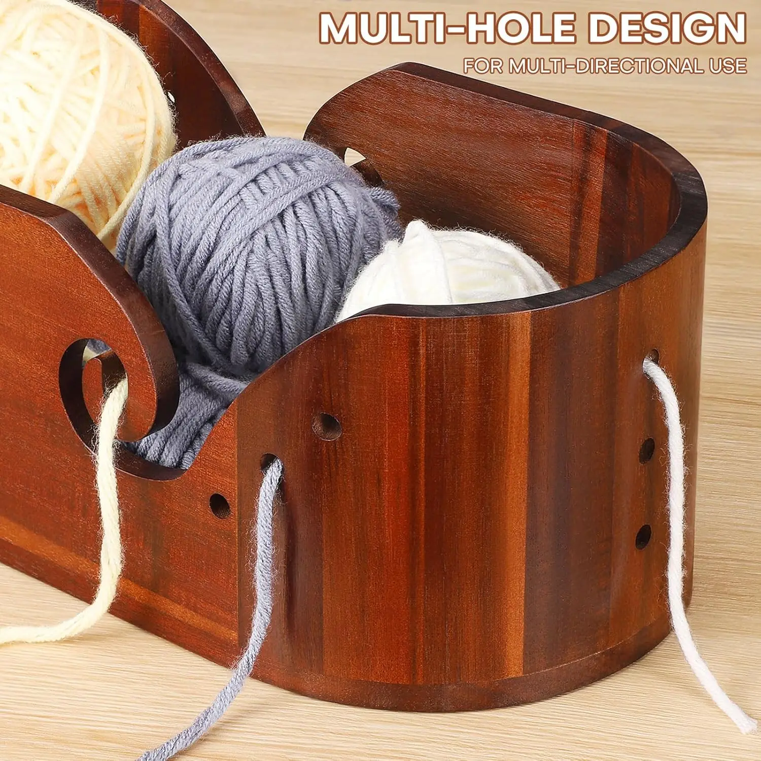 Wooden Yarn Bowl Large Size for Yarn Skeins Oval Wooden Bowl with Carved Holes Crochet Hook Rests Portable Knitting Accessories