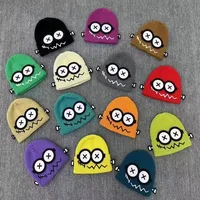 Cute Unisex Cuff Beanie Cap Cartoon Big Eyes Pattern Candy Color Knitted Hat Warm Ear Protection Hat 2