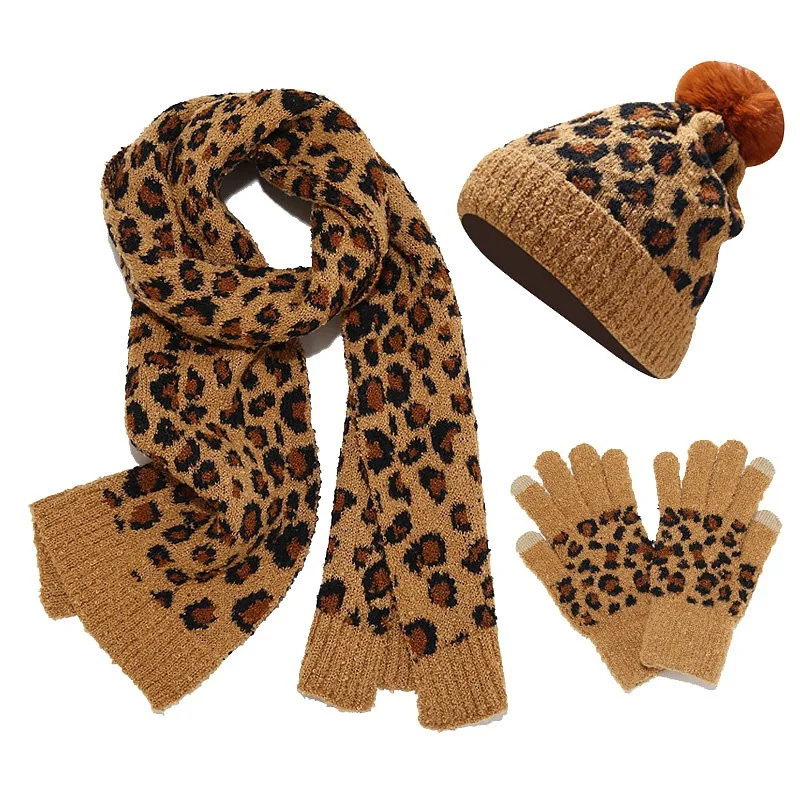 Knitted Hat Set Scarf Gloves Three Piece Set for Women Leopard Print Outdoor