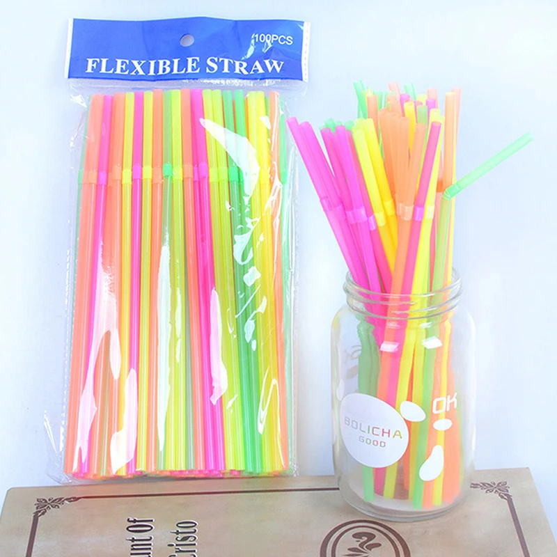 100Pcs 21cm Mixed Colors Plastic Bendable Drinking Straws Disposable Beverage Straws Wedding Decor Party Supplies