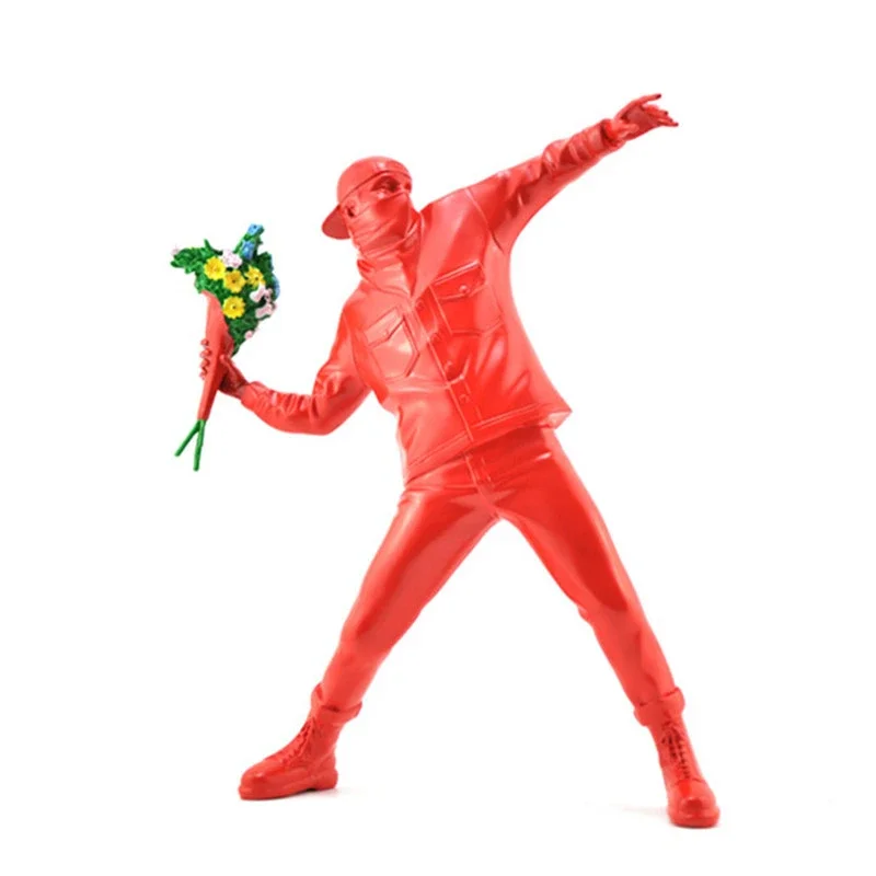 

Red Color Arrive Banksy Flower Bomber Resin Figurine England Street Art Sculpture Statue Bomber Polystone Figure Collectible Art