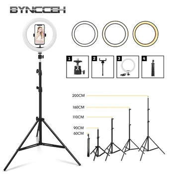 조광 가능한 링 라이트 셀카 LED 라운드 램프, USB 휴대폰 홀더 포함, 1.6m 삼각대 스탠드, 틱톡 비디오 라이트 메이크업 사진 세트