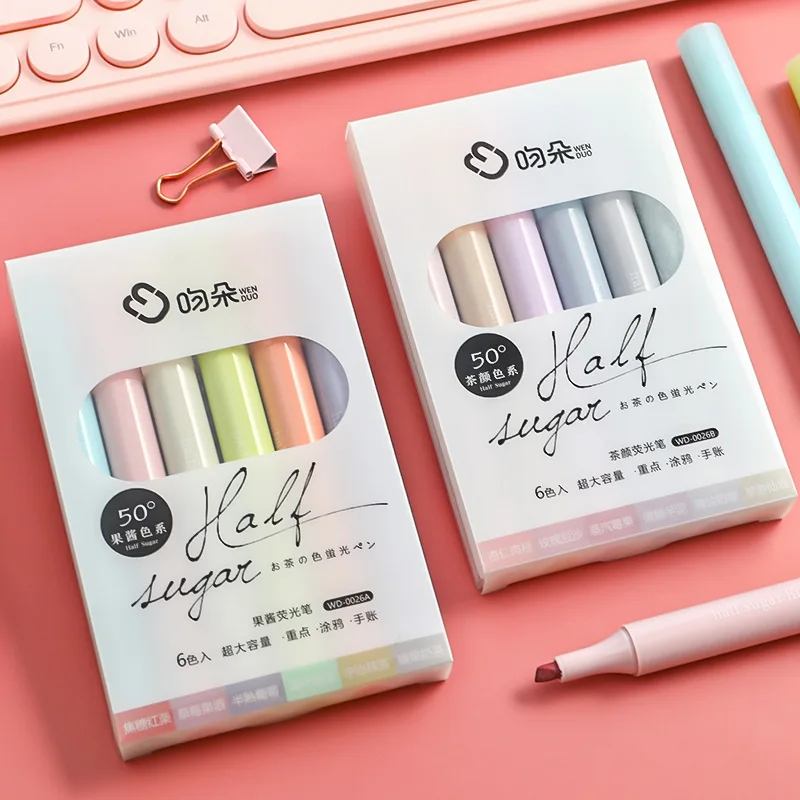 6pcs/ Set Colorful Highlighters Markers for Kids School Office Supplies Stationery Draw Writing Marking Pens Yellow Gray Color