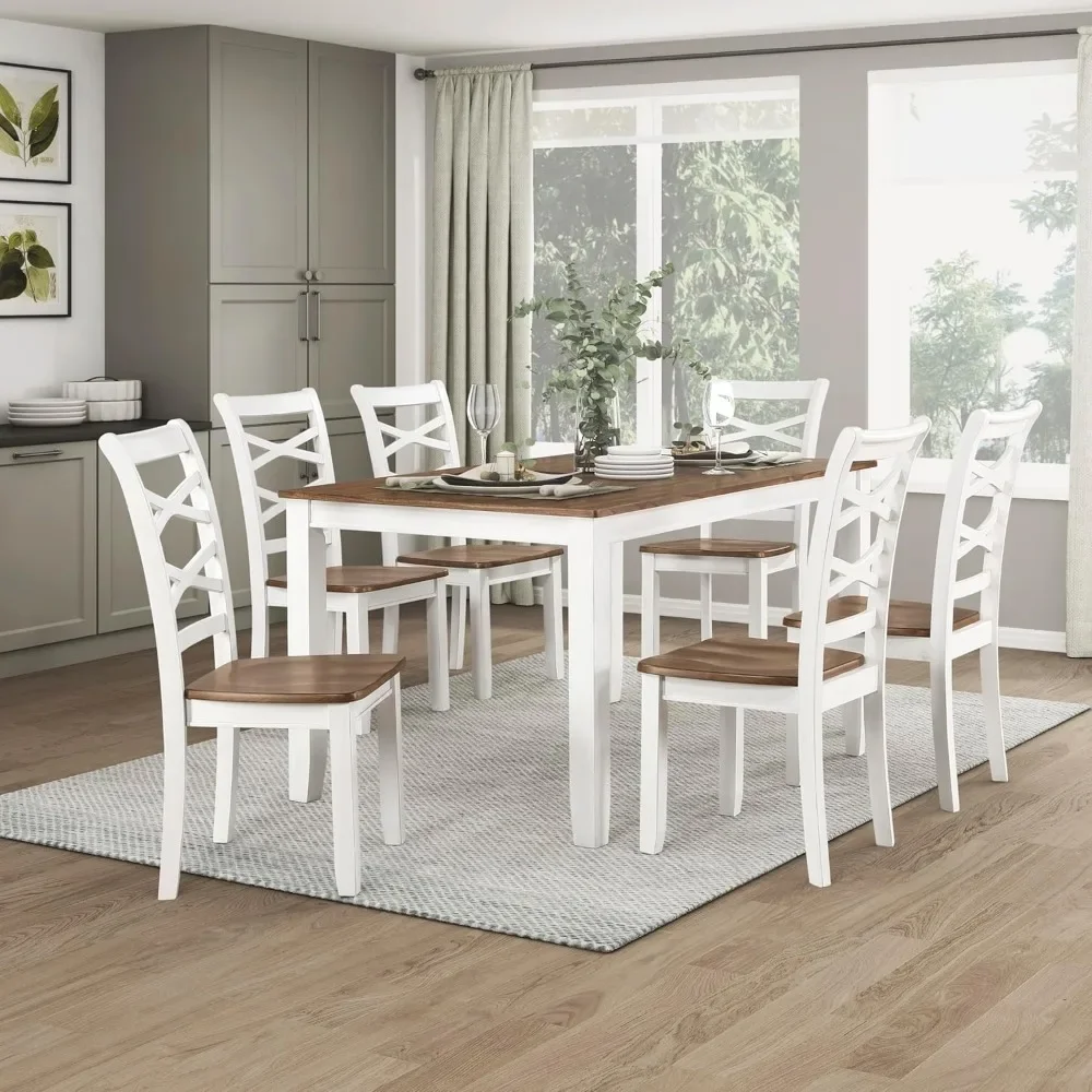 Fashion Solid Wood Dining Room Table and Chairs Set, 6 Set ,with Cross Back Chairs, 7 Piece Farmhouse Kitchen Table Set