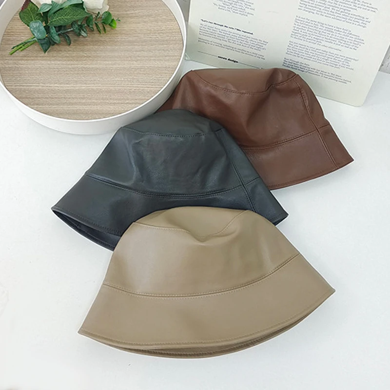 

Vintage Bucket Hats for Women 2022 Faux Leather Fishman Hat Woman Fashion Harajuku Style PU Cap Four Seasons