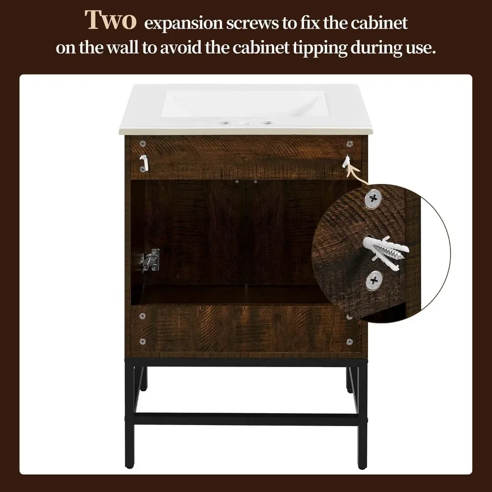 Bathroom Vanity with Sink, Vintage Bathroom Sink Cabinet with 2 Doors, Sink Combo Set for Bathroom, Dark Brown