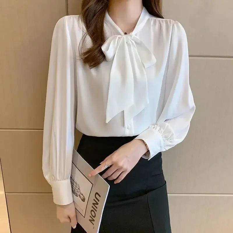 

Spring and Summer New Women's Chiffon White Shirt Bow Single Breasted Fashion Casual Solid Color Loose Commuter Korean Version