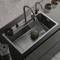 Flying Rain Waterfall Black Handmade Large Single Tank Vegetable Washing Basin Nano Multifunctional Stainless Steel Kitchen Sink 2