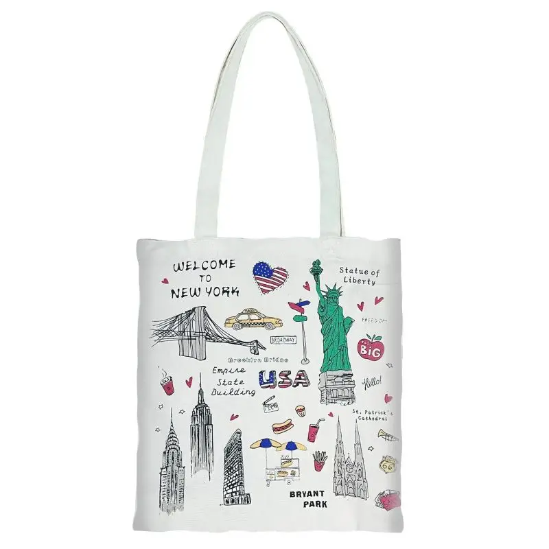 New York Souvenir Women Tote Bag Large Capacity Shoulder Bags No Zipper Eco Lady Shopping Shopper Handbag Canvas Girls Handbags 2
