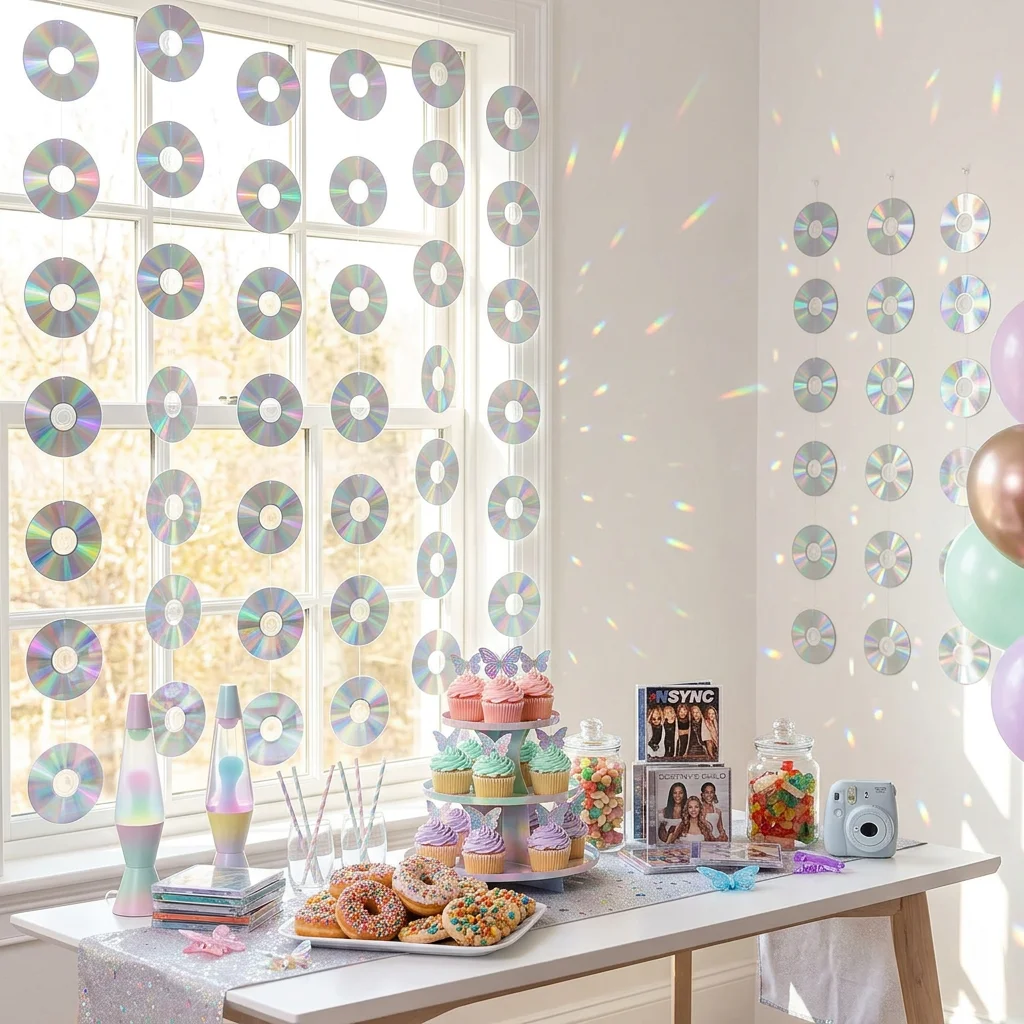 Disco Party Decorations Holographic CD Record Hanging Garland Backdrop 90s 2000s Retro Birthday Theme Streamer Wall Decor Prop