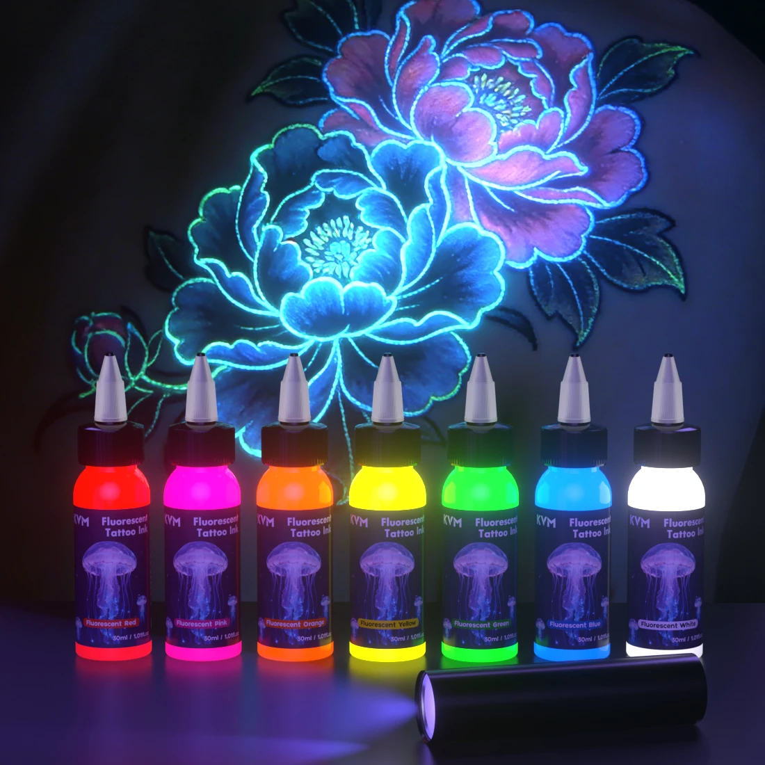 Set di Inchiostri Fluorescenti per Tatuaggi a 7 Colori da 30ml con Luce UV, Pigmento Professionale Reattivo ai Raggi UV per Tatuaggi Luminosi con Luce Nera - immagine 3