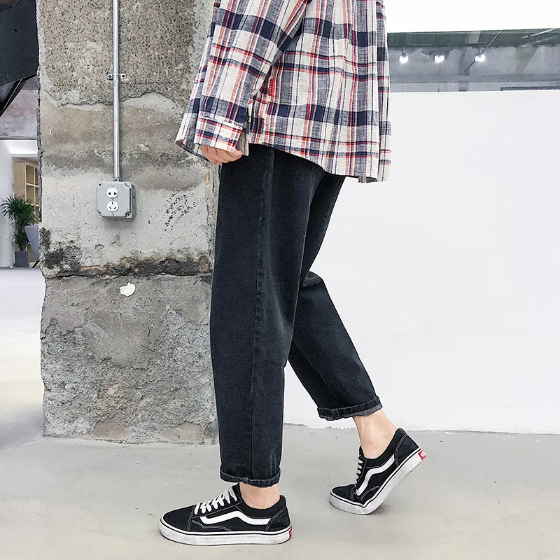 Summer Korean Style 2022 Brand Straight Jeans Male Teenagers Handsome Trendy Grey And Black Loose Ankle Length Casual Pants