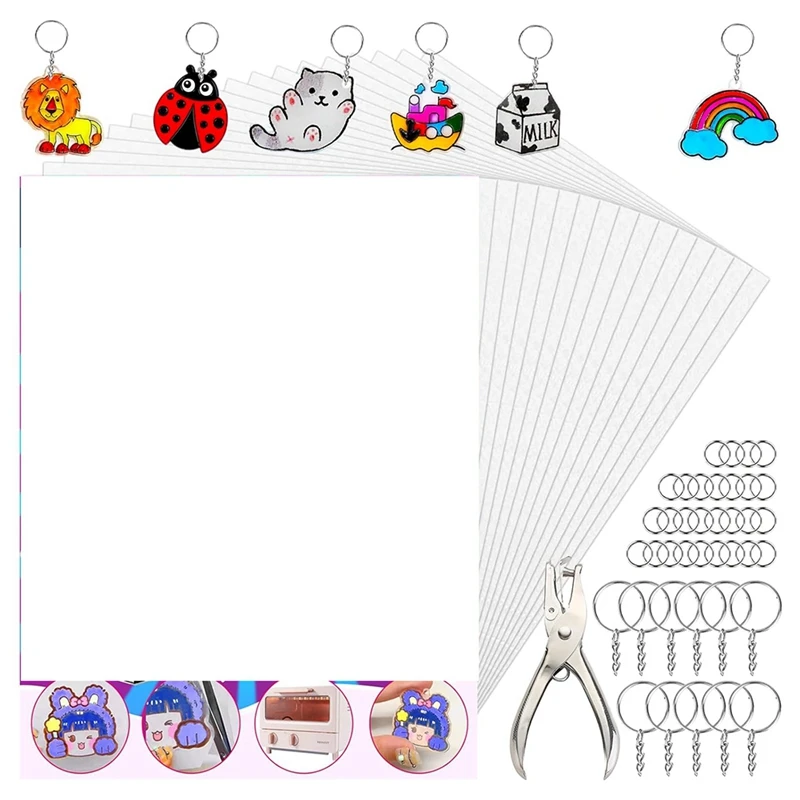 

Shrinky Dink Sheets, 50Pcs Shrink Sheets, 100Pcs Key Chains And 100 Open Hoops For Kids Creative Craft Markers Keychains