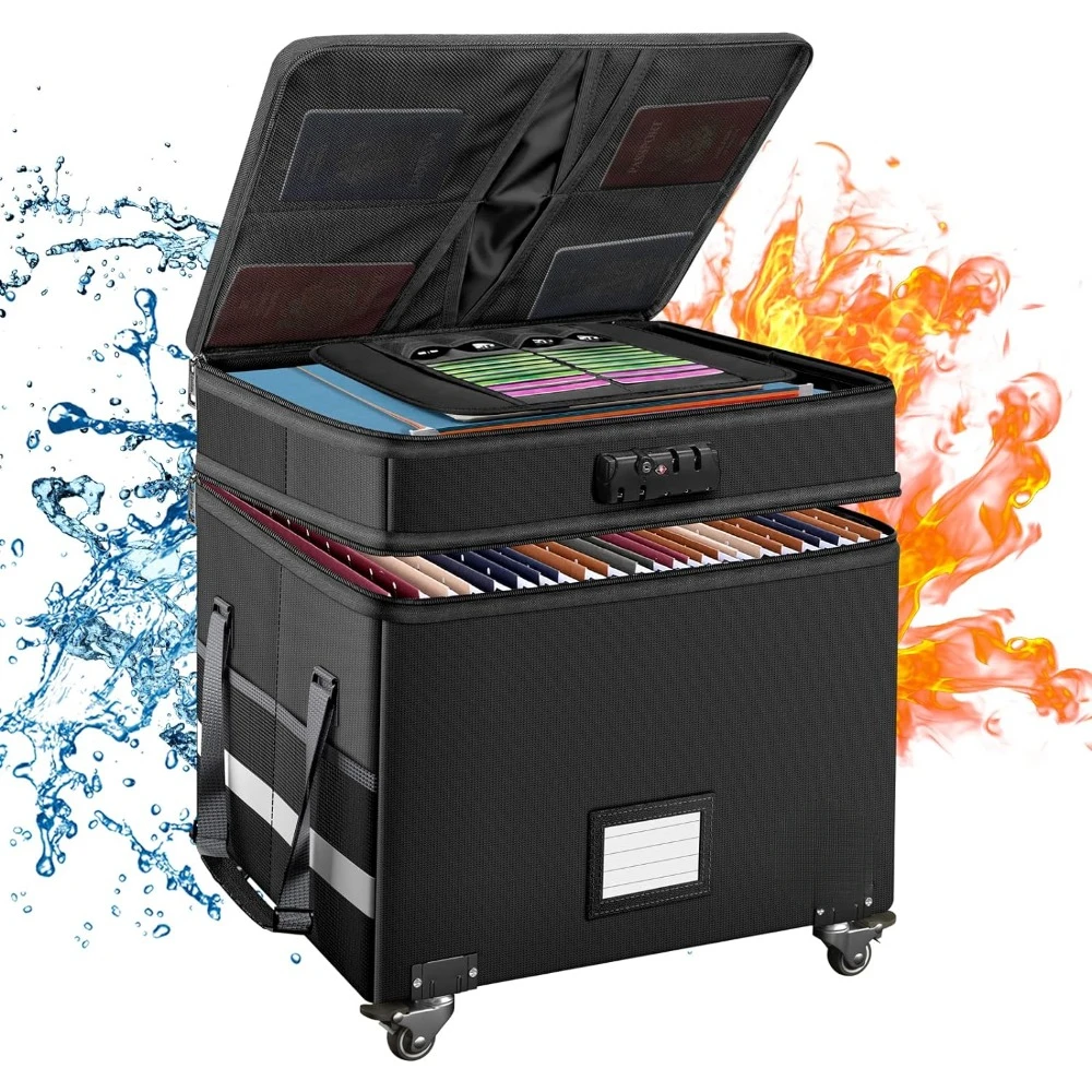 File Box with Lock, Fireproof Document Box with Wheels, Large Portable Home Office Filing Cabinet for Hanging Folders