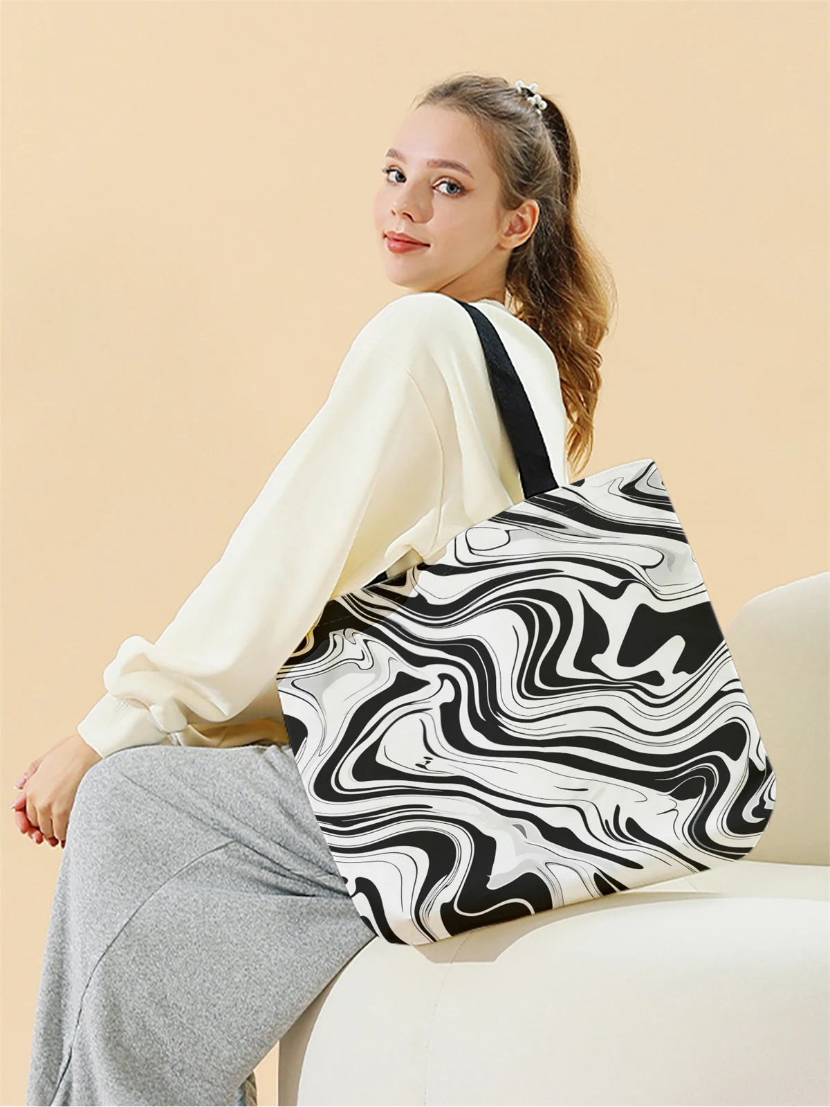 1pc,black and white handbag, reusable fashionable handbag, multifunctional handbag, printed canvas shopping bag