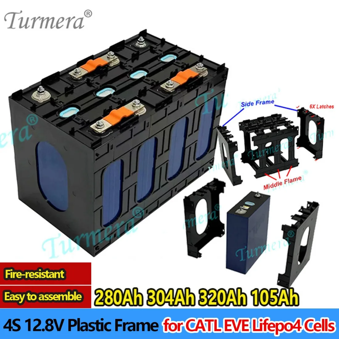 Quadro de bateria 12/24v para células catl eve 280ah 304ah 320ah 105ah 100ah lifepo4 suporte de plástico abs retardador de chamas com travas