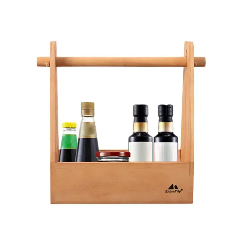 

Wood Picnic Seasoning Basket Sturdy Structure Wooden Picnic Spice Basket With Handle Camping Spice Containers For Drinks Utensil