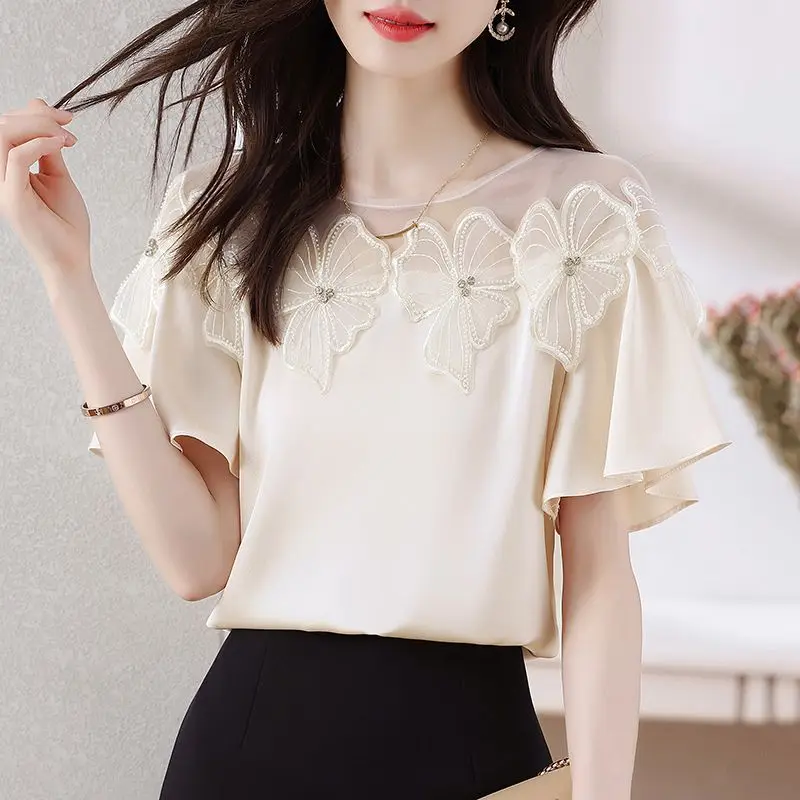 Elegant O-Neck Gauze Embroidery Floral Butterfly Sleeve Blouse Female Clothing 2023 Summer New Casual Pullovers Beading Shirt