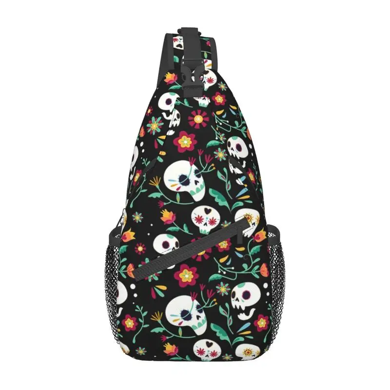 

Mexican Candy Skulls Pattern With Flowers Crossbody Sling Backpack Men Custom Chest Shoulder Bag for Travel Hiking Daypack