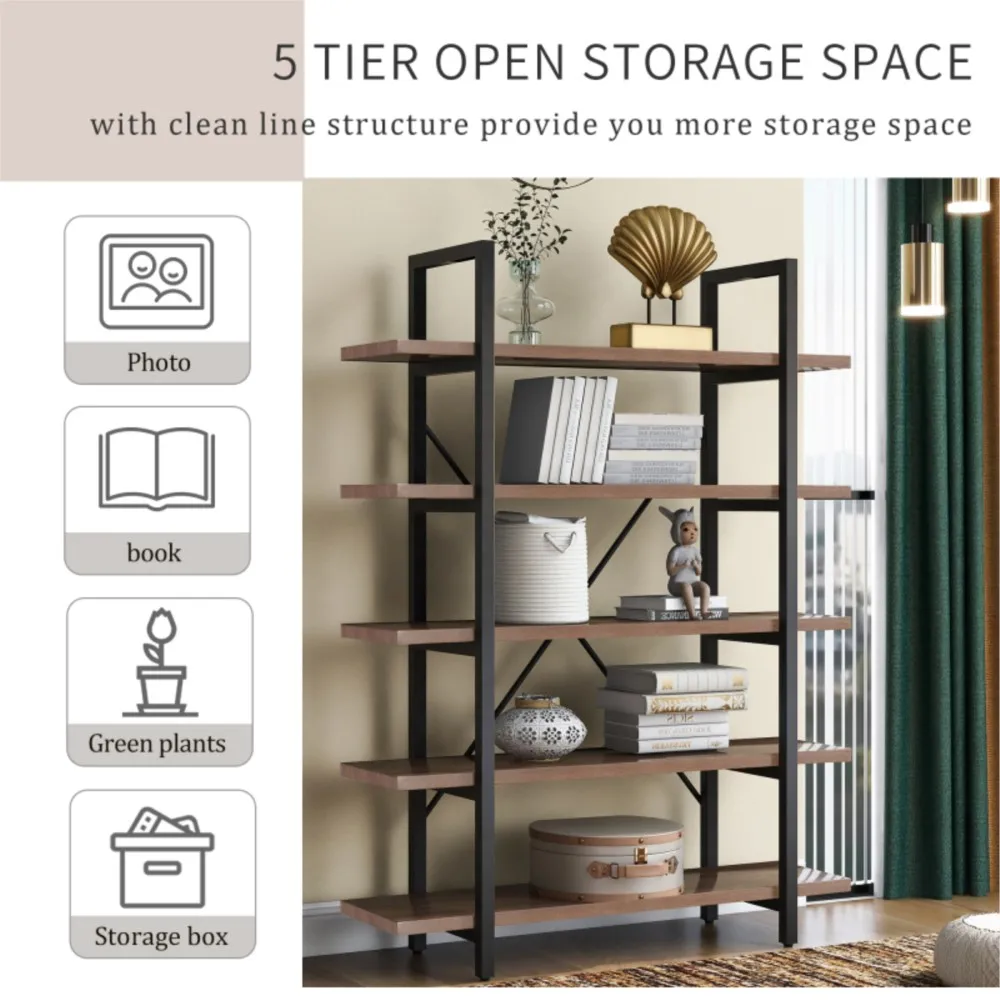 5TierIndustrialBookcaseWithRusticWoodShelfAndMetalFrameLarge
