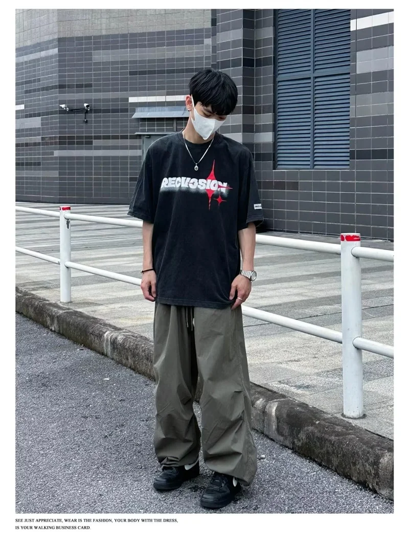 Description Picture 3 of itemAmerican Retro Overalls Drawstring Design Casual Pants Loose Wide-Leg Pants Men's Trendy Casual Spring and Summer